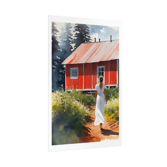 Summer at the Red Cottage Swedish cabin poster – side angle example watercolor wall art print