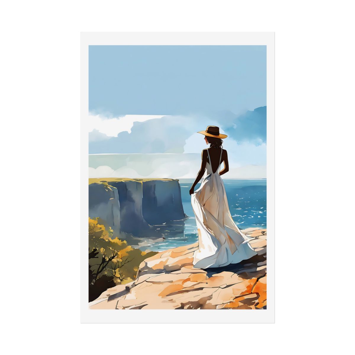 Summer on the Cliffs azure sea poster – front view watercolor wall art print