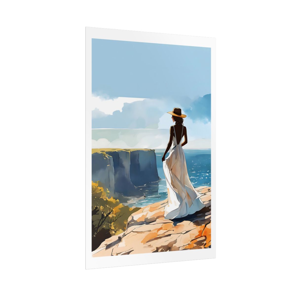Summer on the Cliffs azure sea poster – side angle example watercolor wall art print