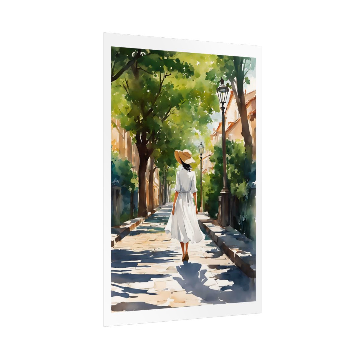 Summer Stroll European avenue poster – side angle example watercolor wall art print