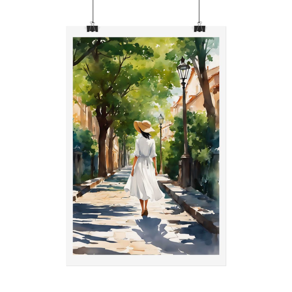 Summer Stroll European avenue poster – hanging example watercolor wall art print
