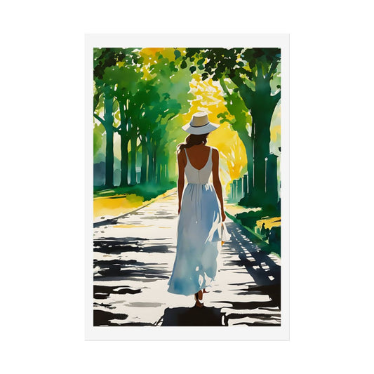 Summer Stroll sunlit park path poster – front view watercolor wall art print