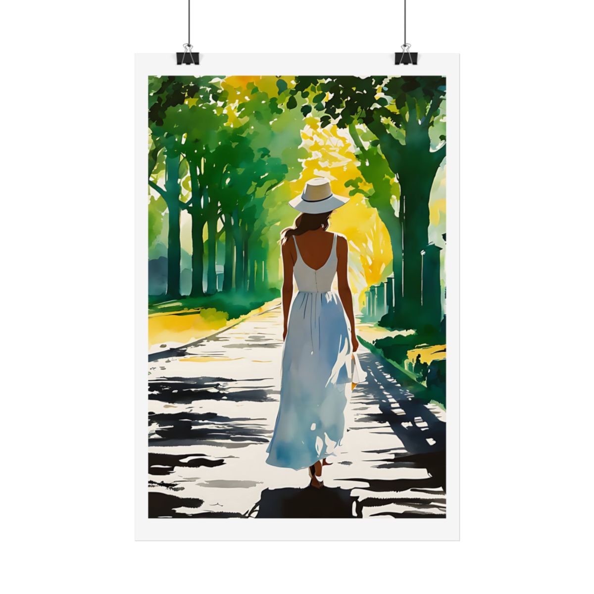 Summer Stroll sunlit park path poster – hanging example watercolor wall art print