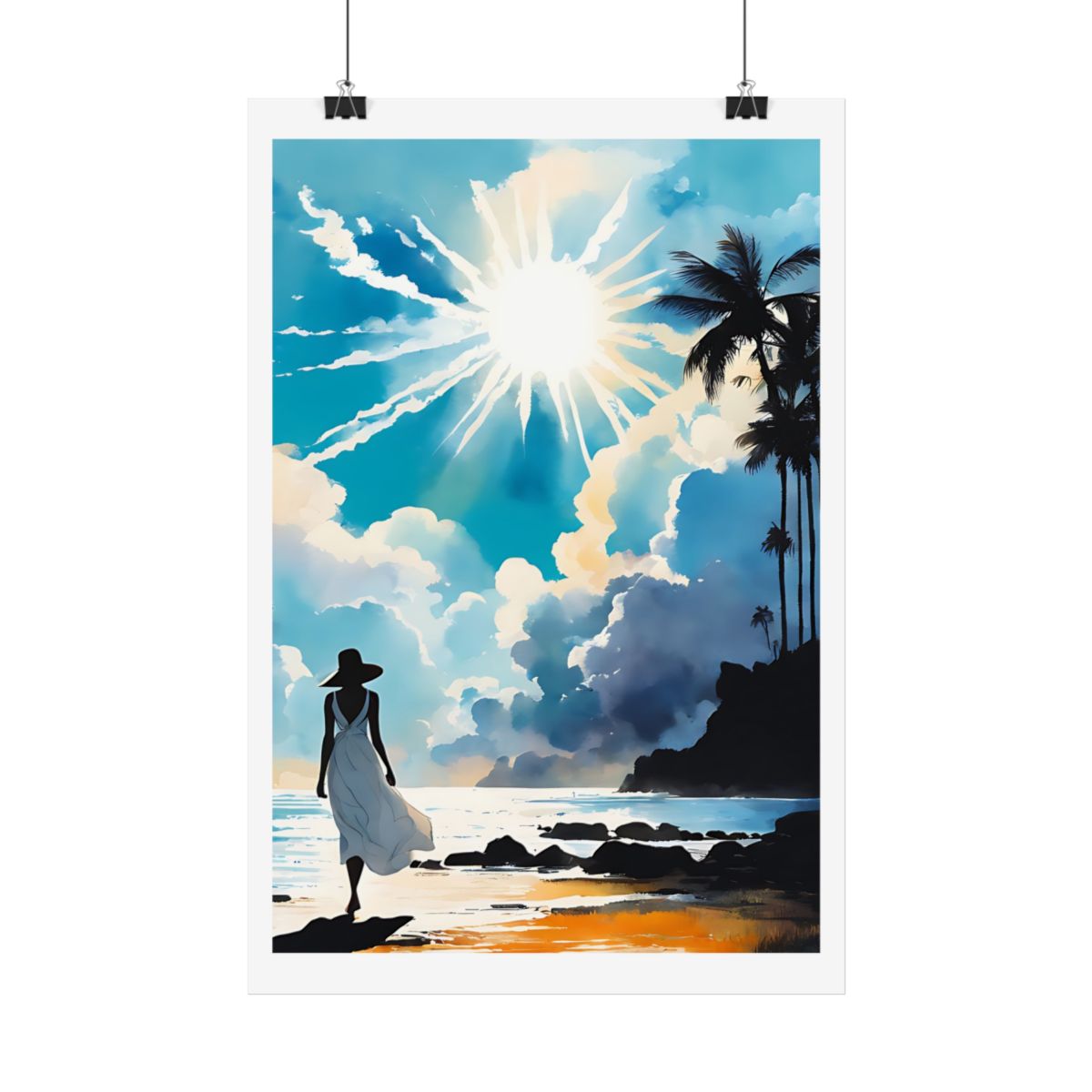 Sunburst Bay tropical beach poster – hanging example watercolor wall art print