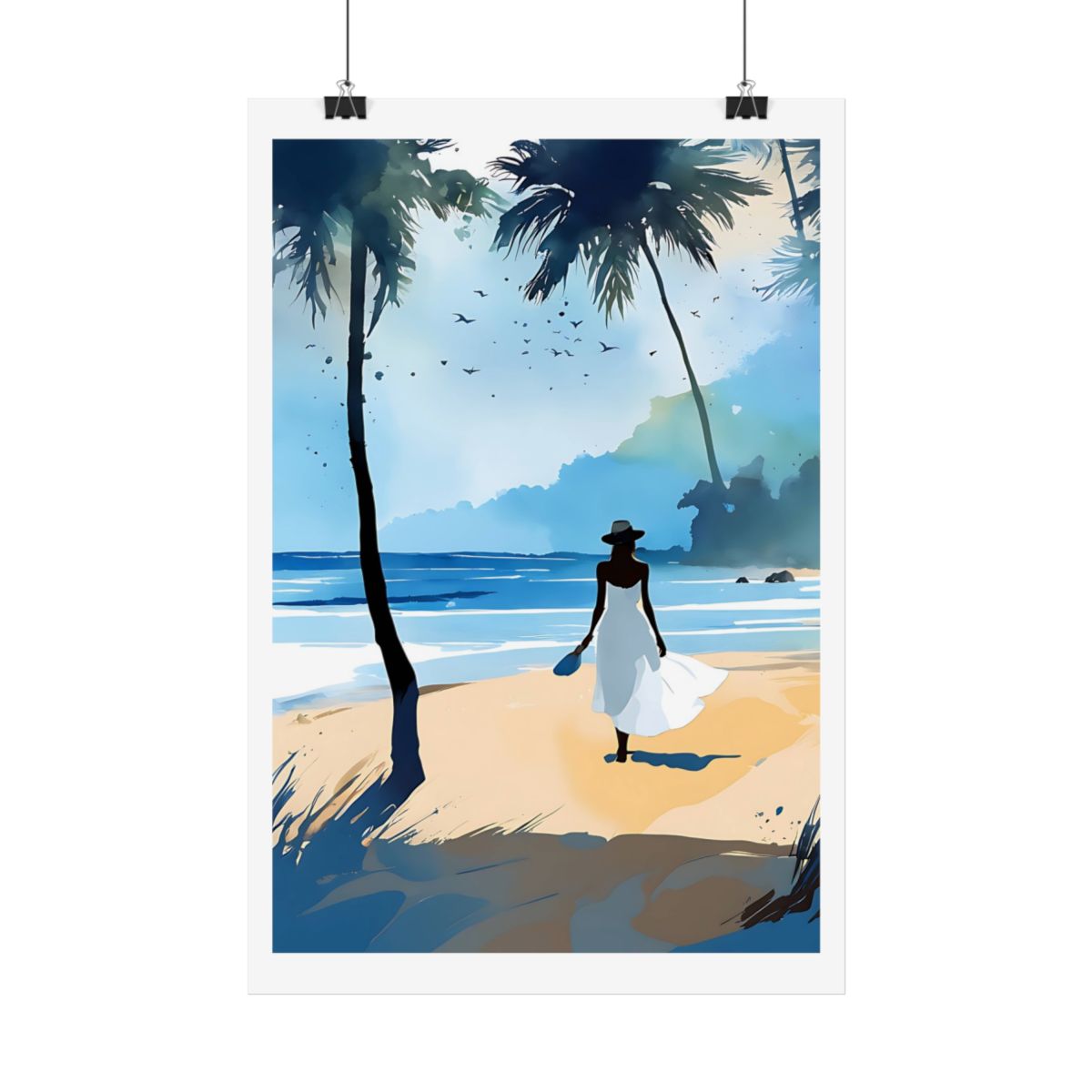 Sunny Escape coastal seaside poster – hanging example watercolor wall art print