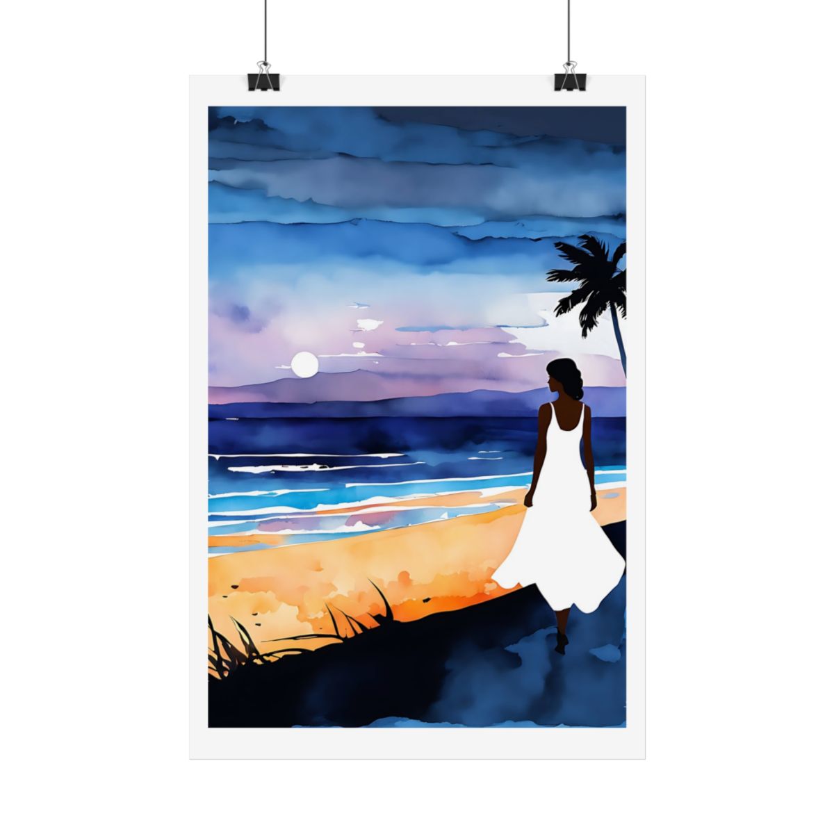 Sunset Desire beach sunset poster – hanging example watercolor wall art print