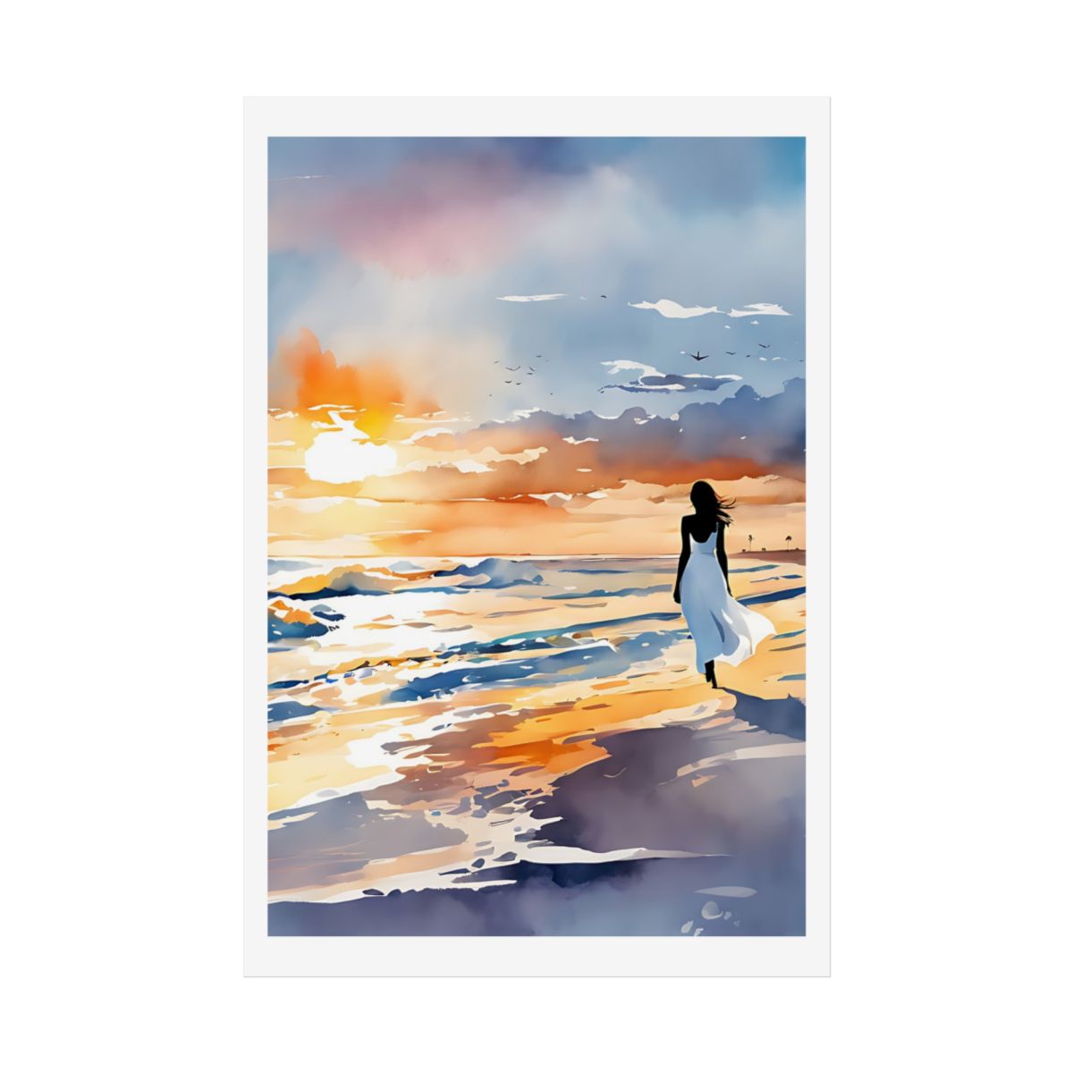 Sunset Reflections golden hour beach poster – front view watercolor wall art print