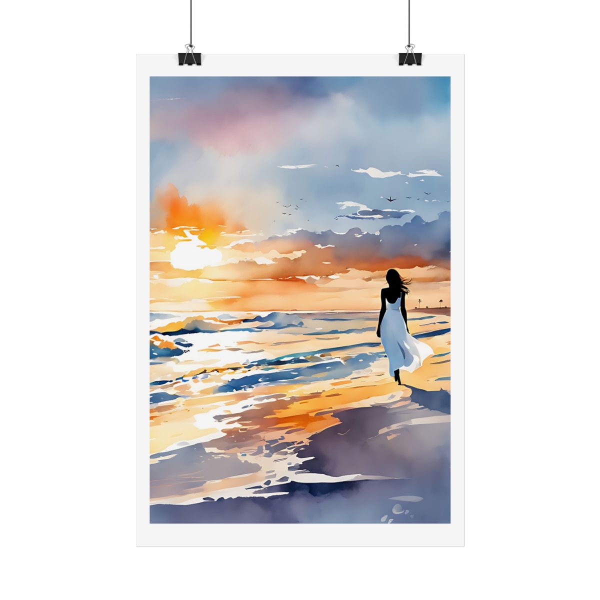 Sunset Reflections golden hour beach poster – hanging example watercolor wall art print