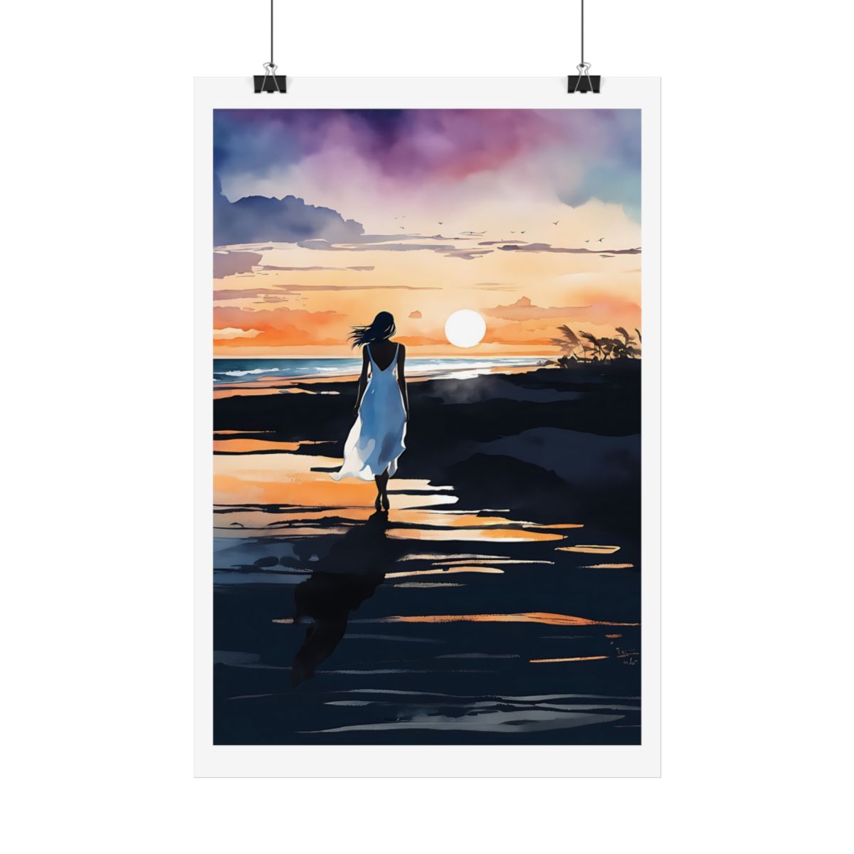 Sunset Shore twilight beach poster – hanging example watercolor wall art print