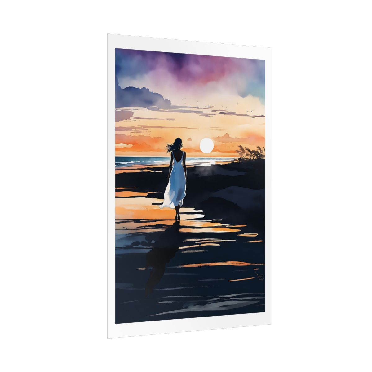 Sunset Shore twilight beach poster – side angle example watercolor wall art print