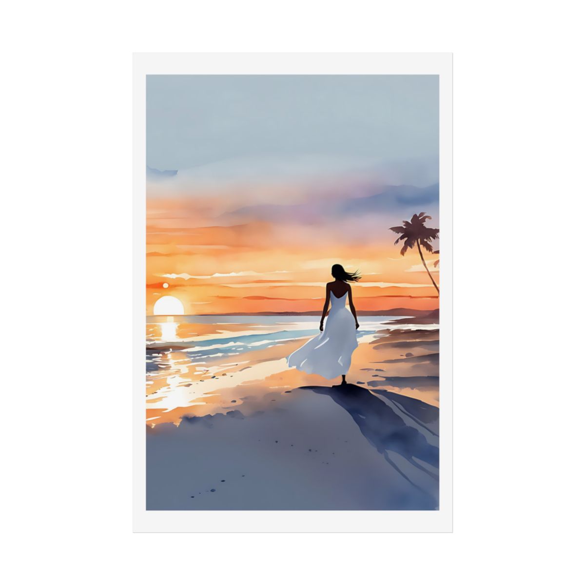 Sunset Silhouette palm beach poster – front view watercolor wall art print
