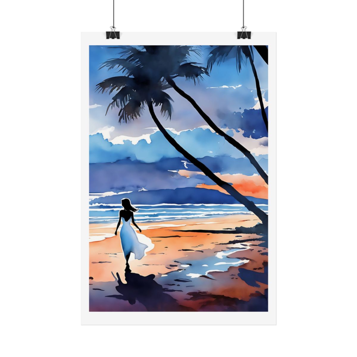 Sunset Wanderer Beach Sunset poster – hanging example watercolor wall art print