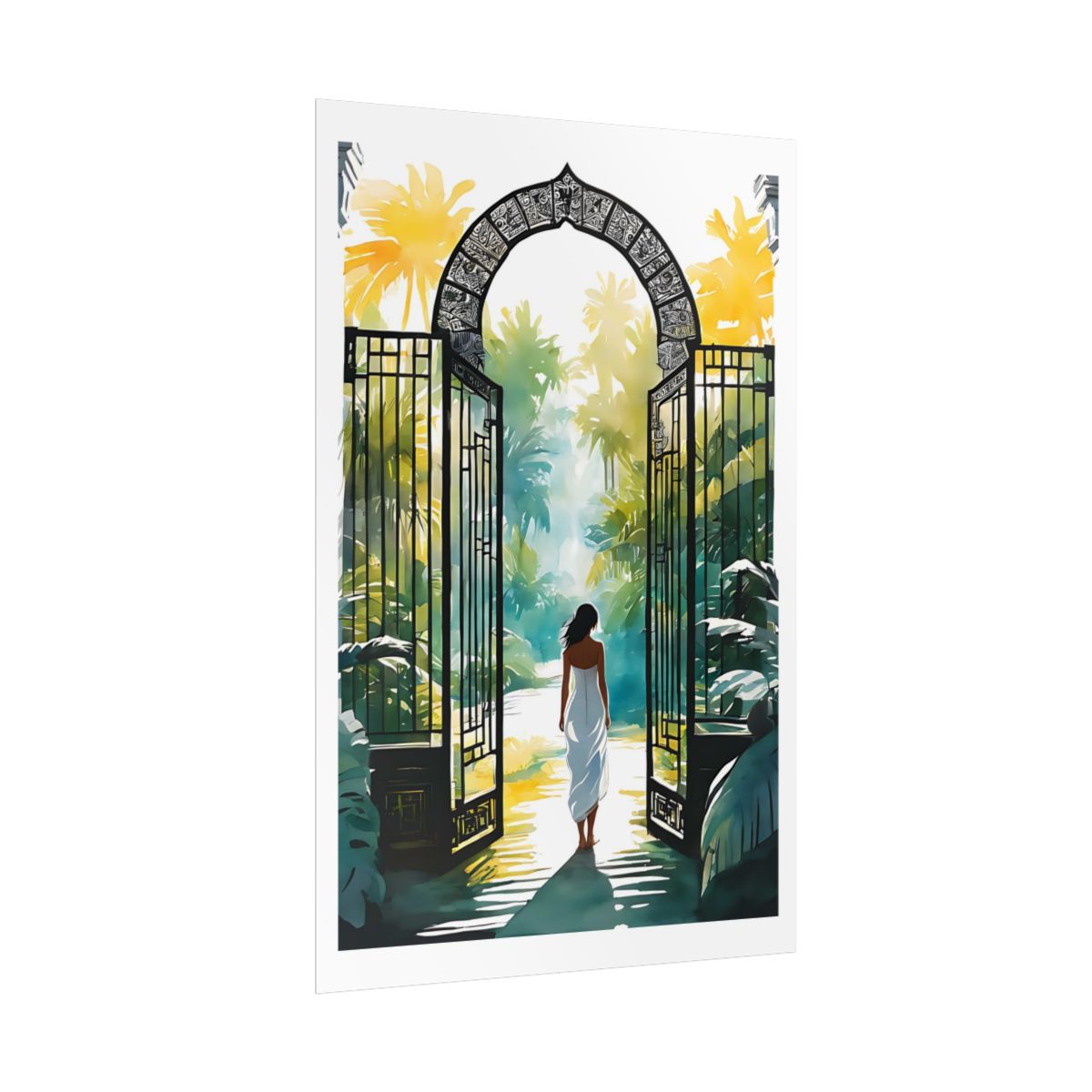 The Secret Garden Gate tropical garden poster – side angle example watercolor wall art print