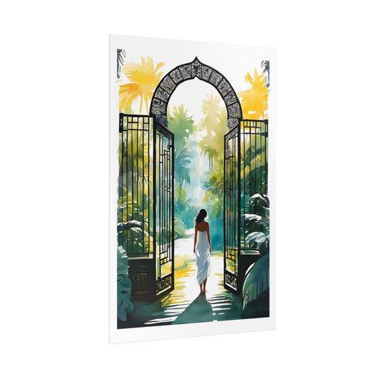 The Secret Garden Gate tropical garden poster – side angle example watercolor wall art print