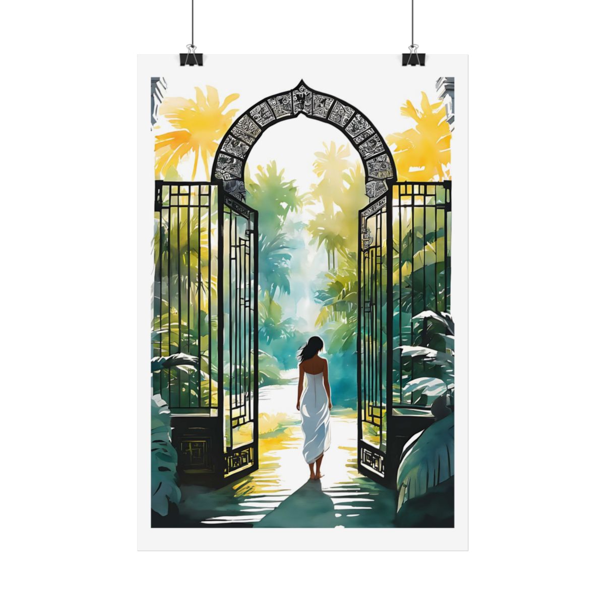 The Secret Garden Gate tropical garden poster – hanging example watercolor wall art print