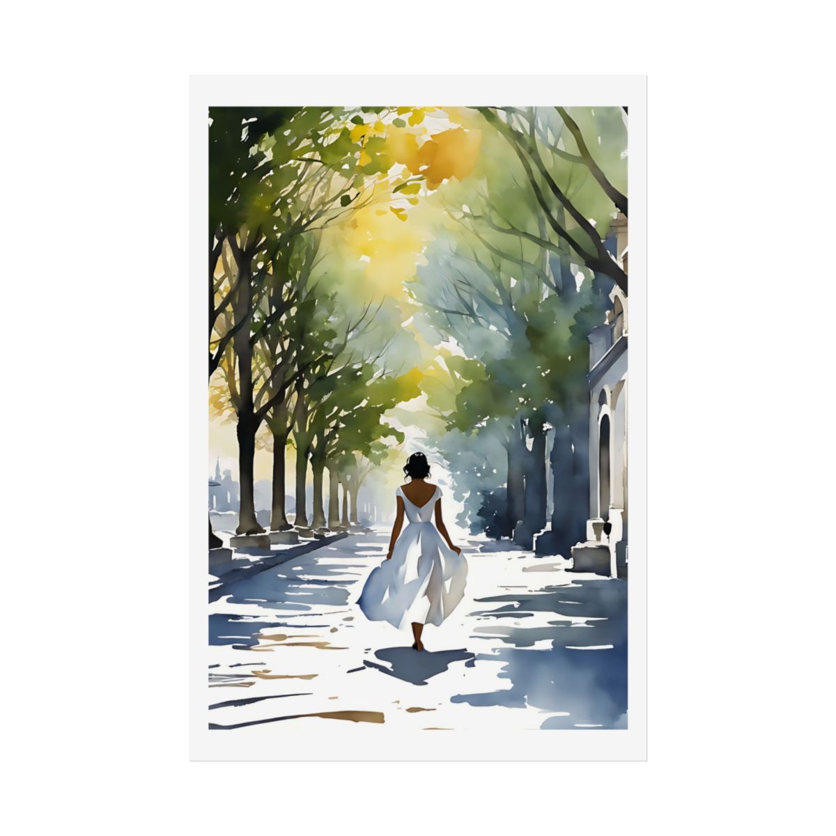 Tree-Lined Boulevard European promenade poster – front view watercolor wall art print