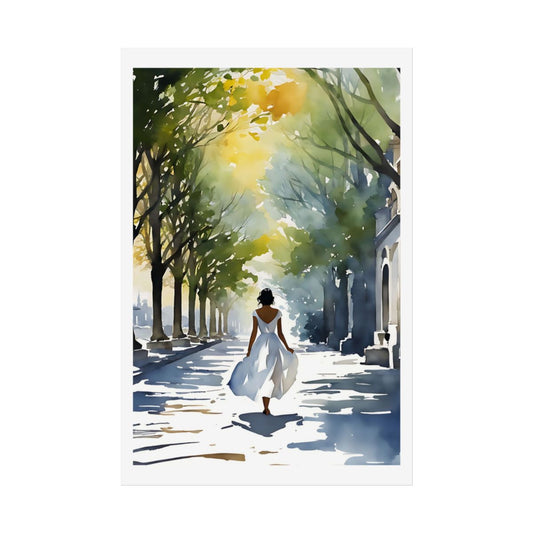 Tree-Lined Boulevard European promenade poster – front view watercolor wall art print