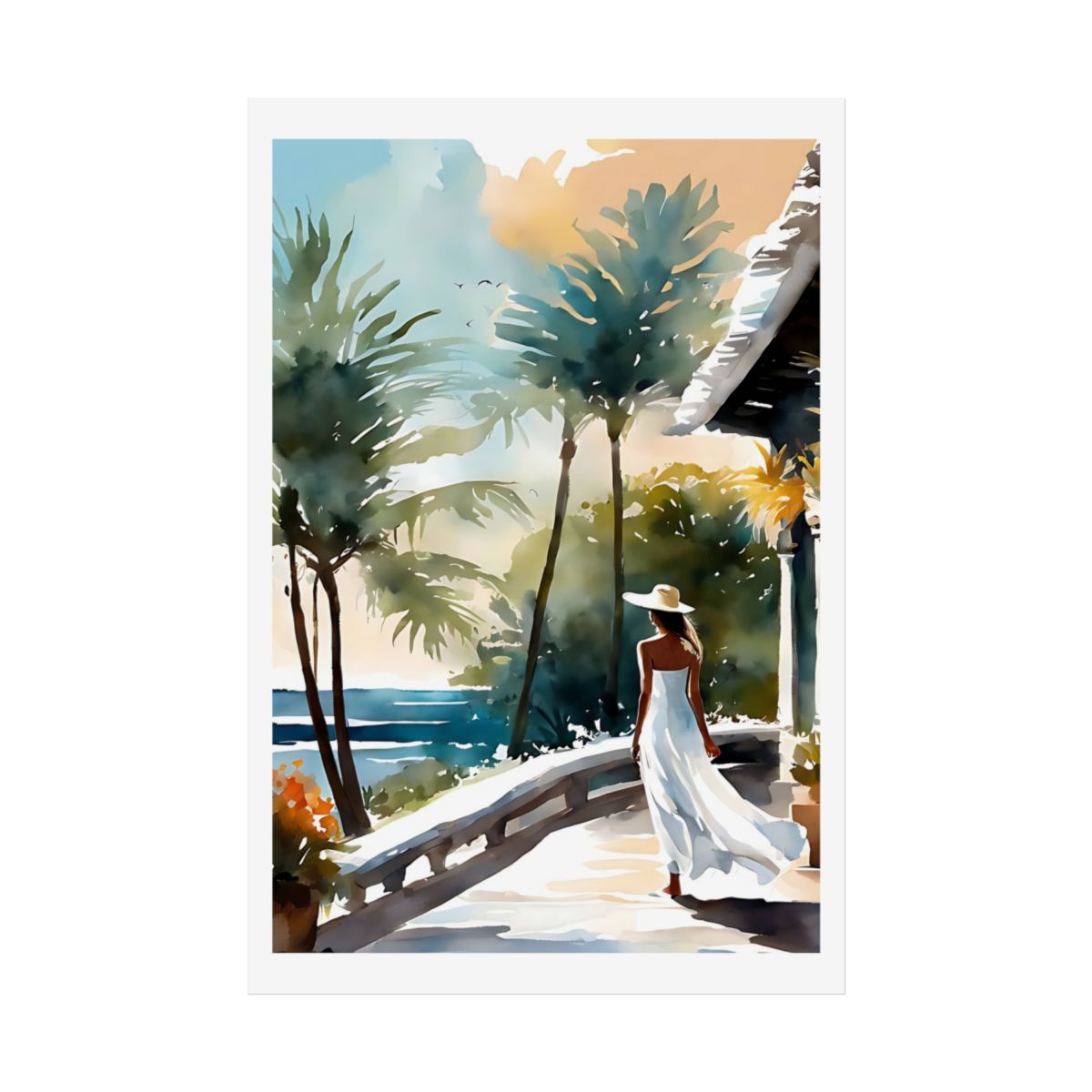 Tropical Colonnade island terrace poster – front view watercolor wall art print