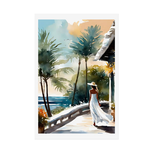 Tropical Colonnade island terrace poster – front view watercolor wall art print