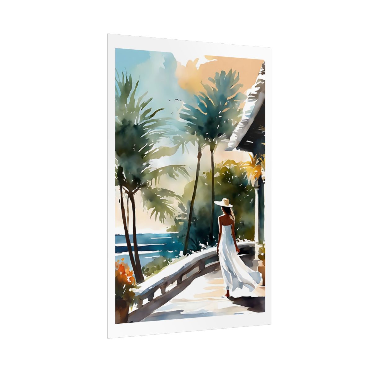 Tropical Colonnade island terrace poster – side angle example watercolor wall art print