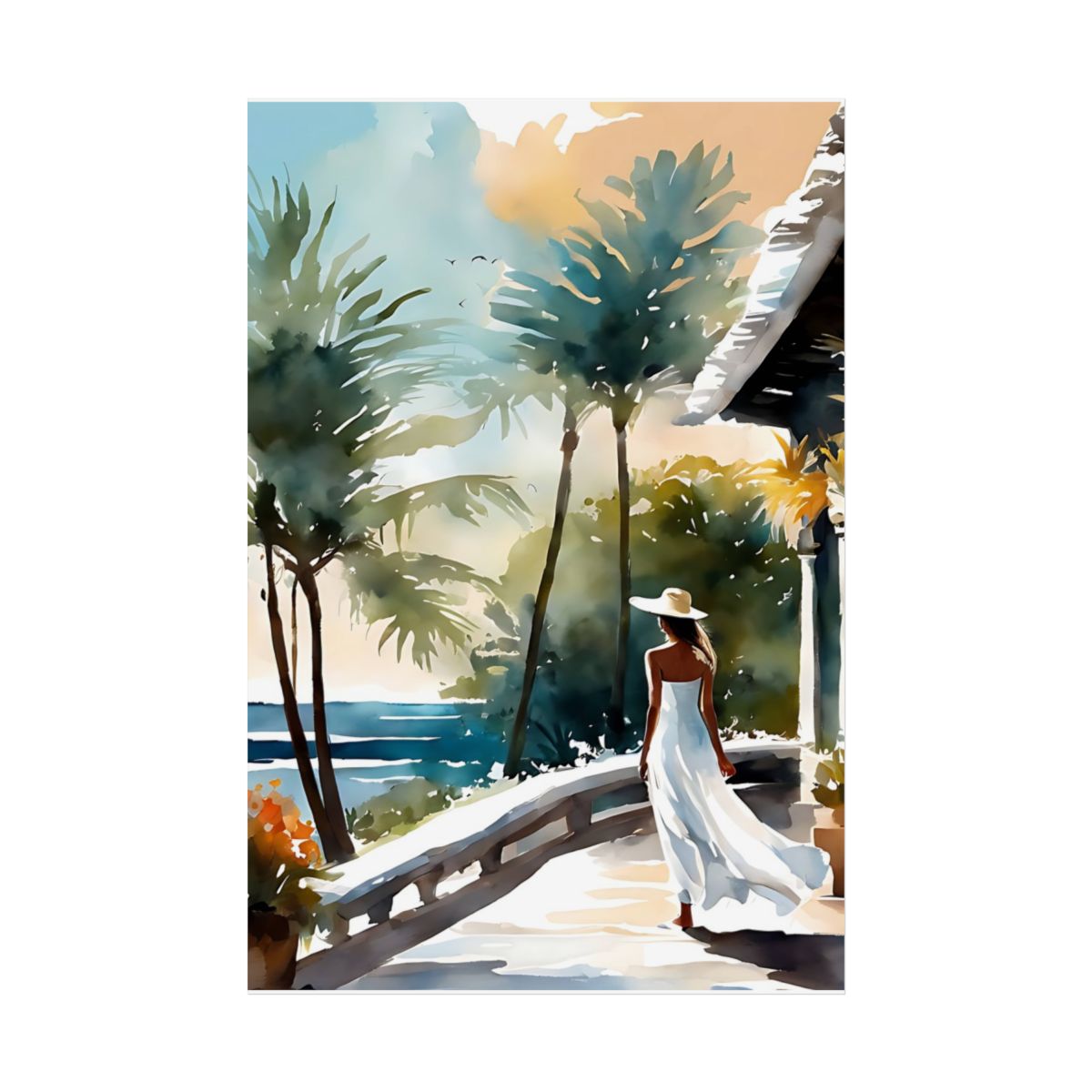 Tropical Colonnade resort terrace poster – front view watercolor wall art print