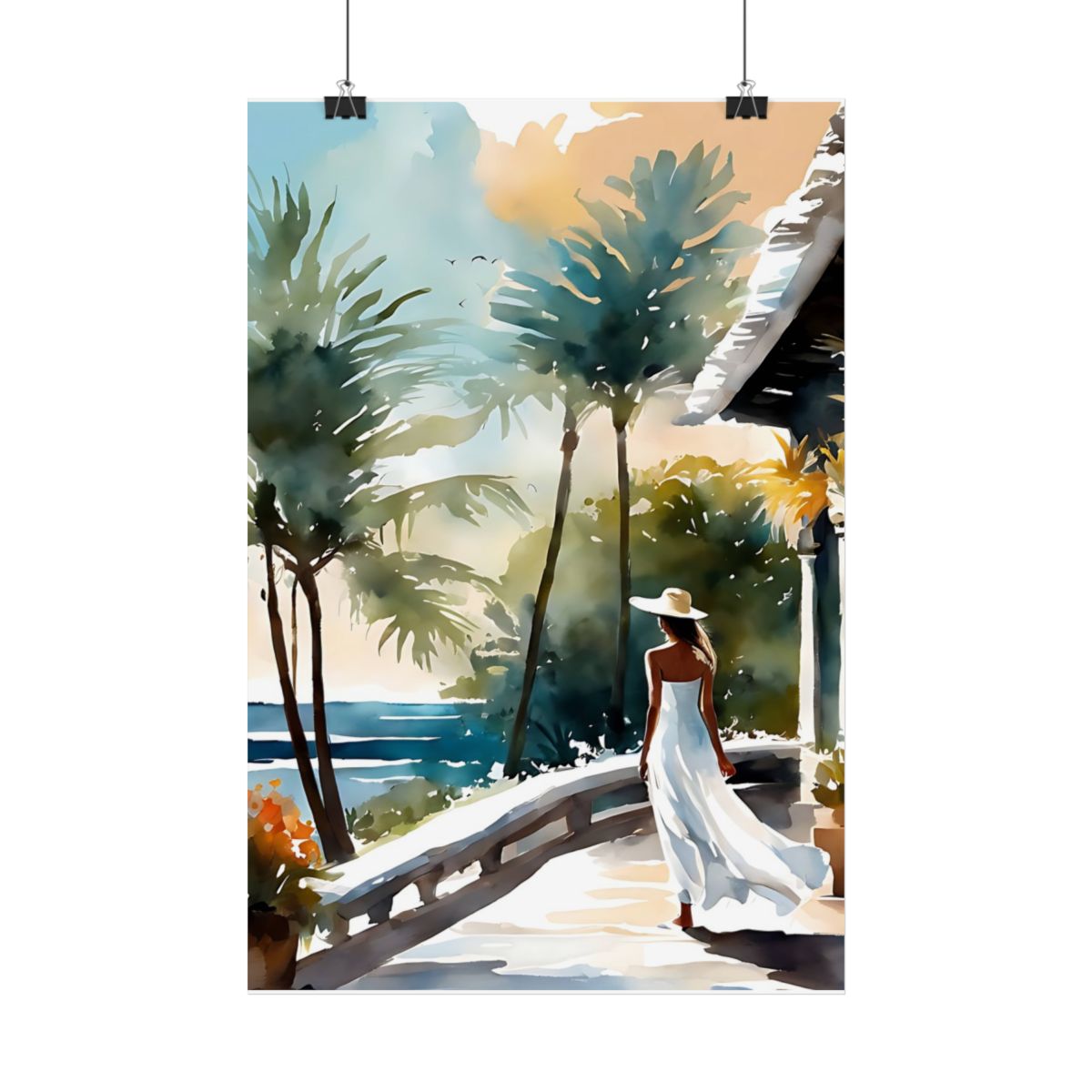Tropical Colonnade resort terrace poster – hanging example watercolor wall art print