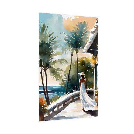 Tropical Colonnade resort terrace poster – side angle example watercolor wall art print
