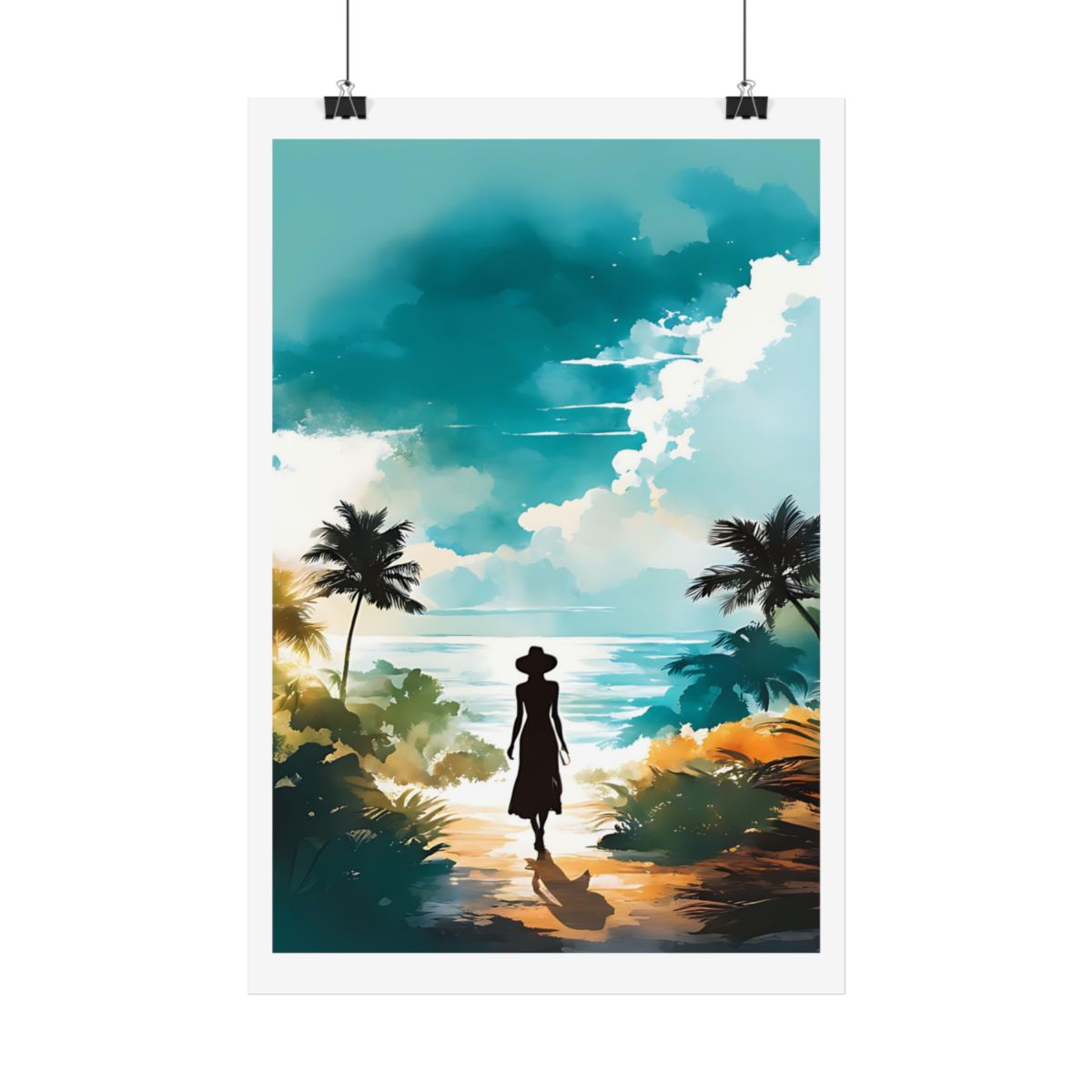 Tropical Horizon island shore poster – hanging example watercolor wall art print