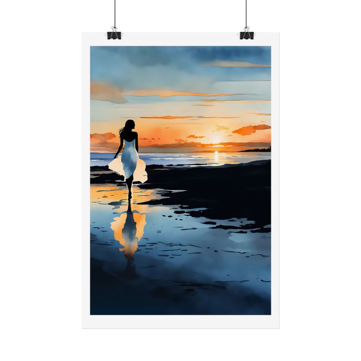 Twilight Reflections ocean twilight poster – hanging example watercolor wall art print