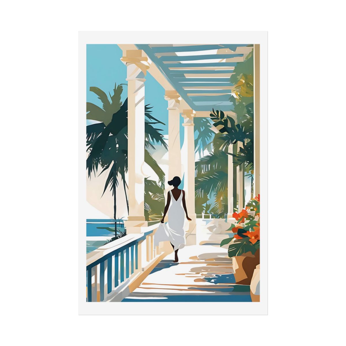 Veranda by the Sea colonial terrace poster – front view watercolor wall art print