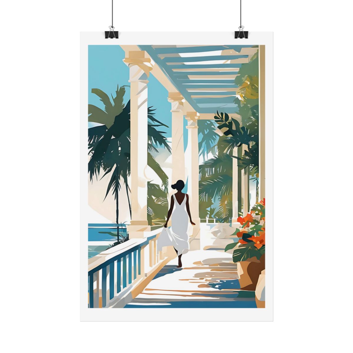 Veranda by the Sea colonial terrace poster – hanging example watercolor wall art print