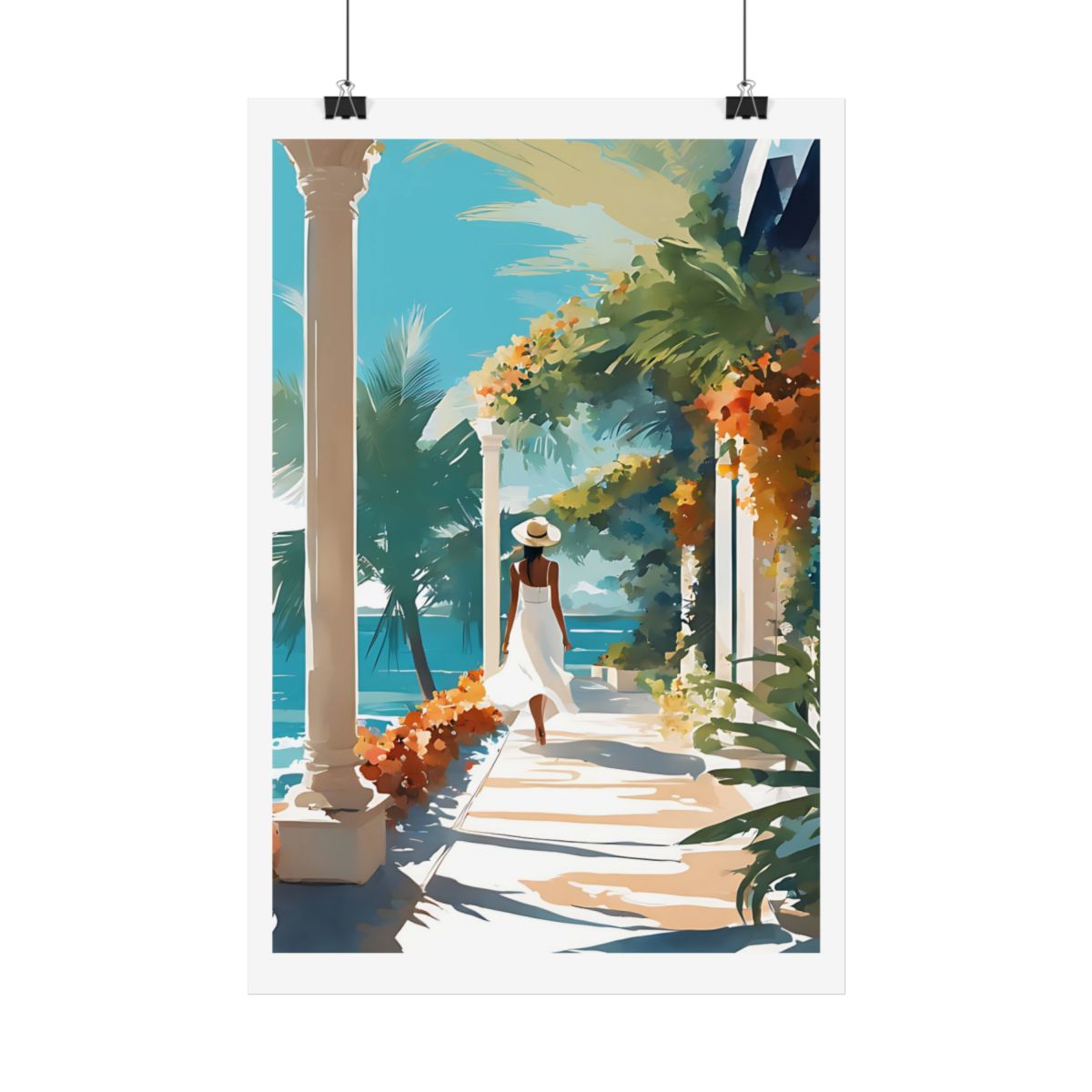 Villa by the Sea Mediterranean villa poster – hanging example watercolor wall art print