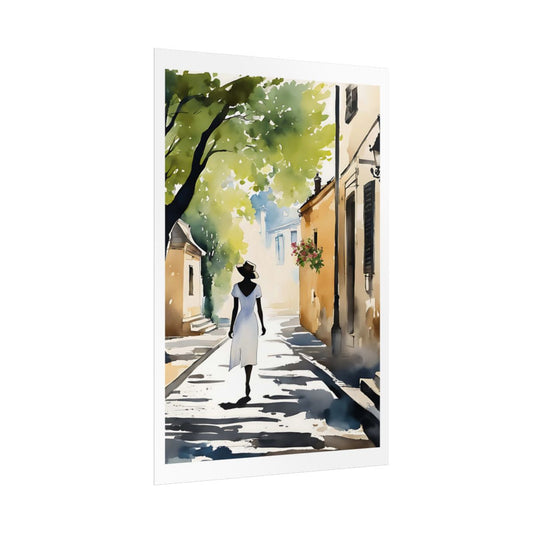 Village Morning Provençal street poster – side angle example watercolor wall art print