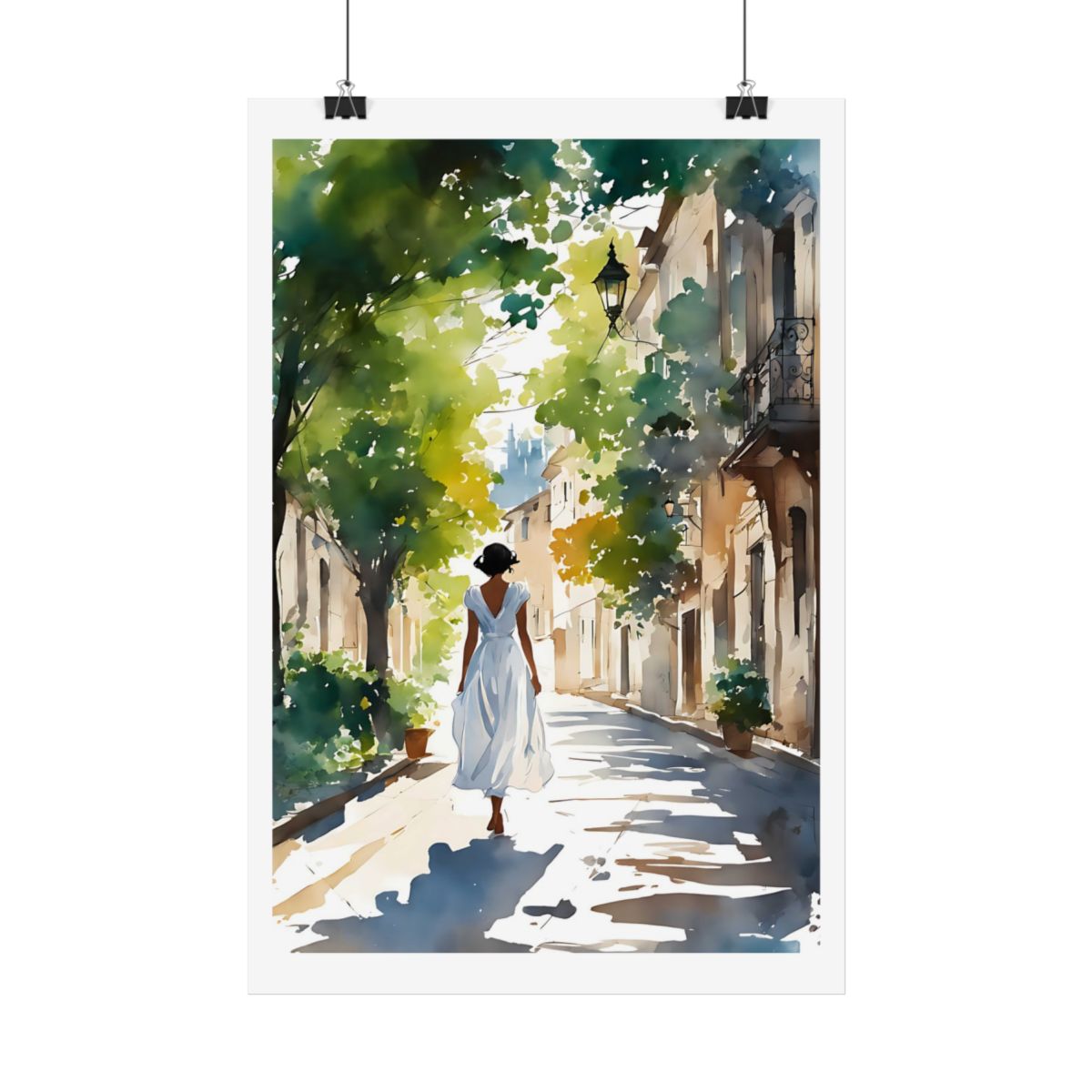 Village Stroll Mediterranean street poster – hanging example watercolor wall art print