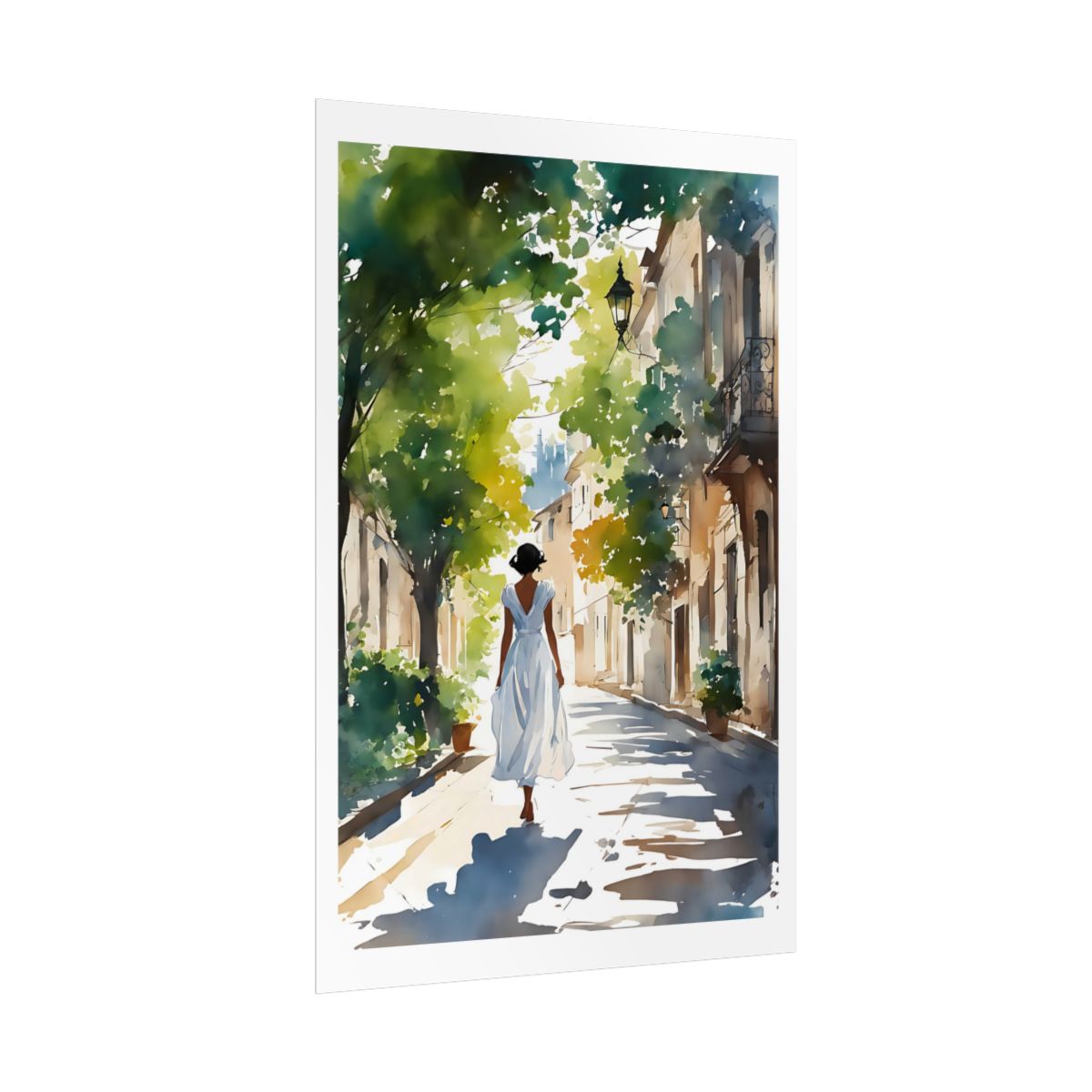 Village Stroll Mediterranean street poster – side angle example watercolor wall art print