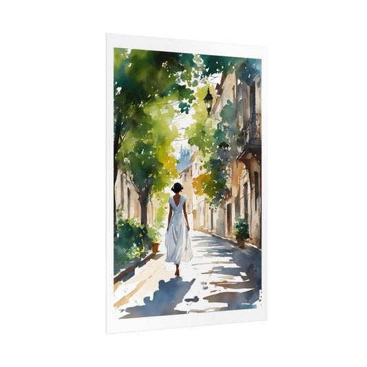 Village Stroll Mediterranean street poster – side angle example watercolor wall art print