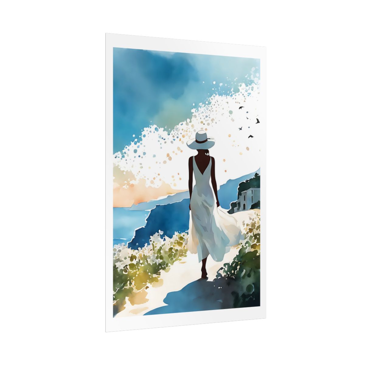 Watercolor Dreams Mediterranean coast poster – side angle example watercolor wall art print