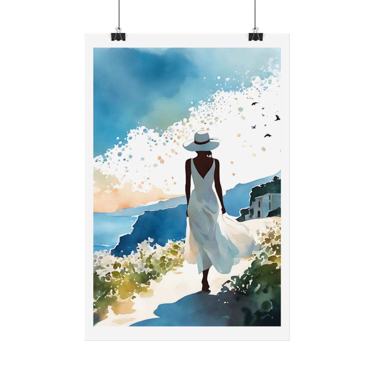Watercolor Dreams Mediterranean coast poster – hanging example watercolor wall art print
