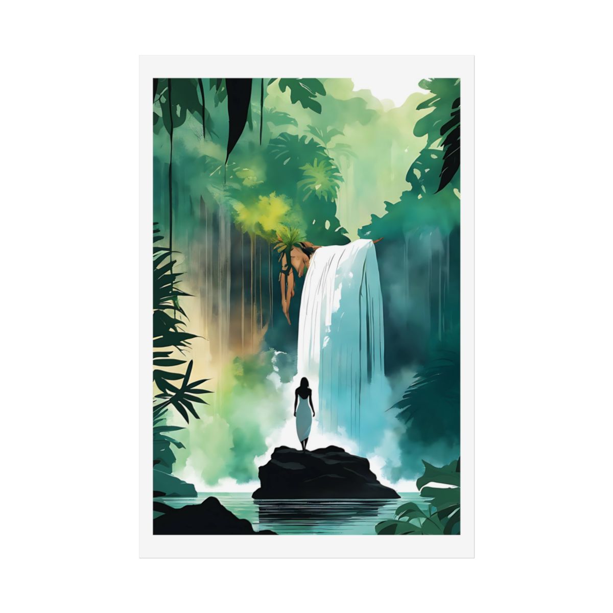 Waterfall Wonder jungle waterfall poster – front view watercolor wall art print