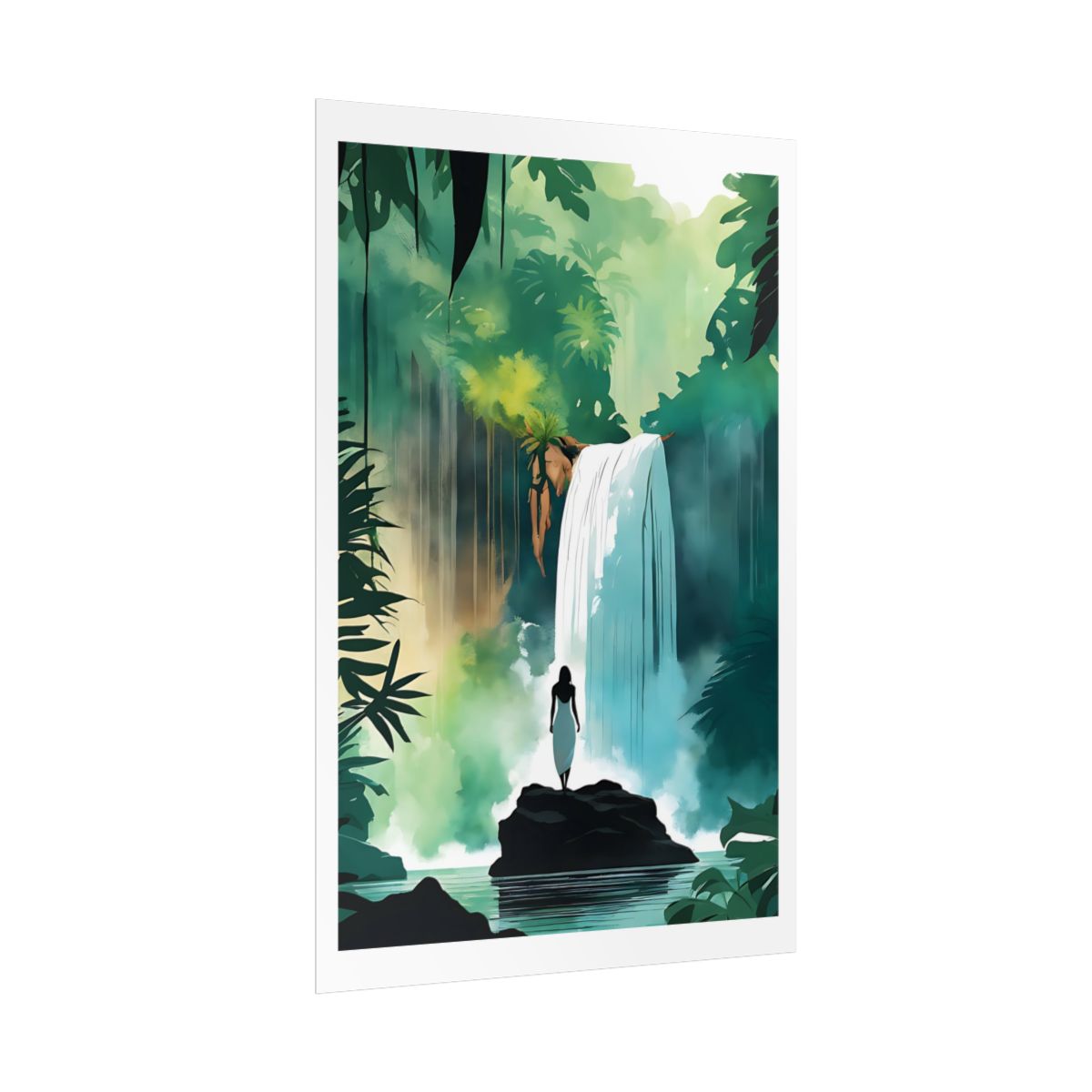 Waterfall Wonder jungle waterfall poster – side angle example watercolor wall art print
