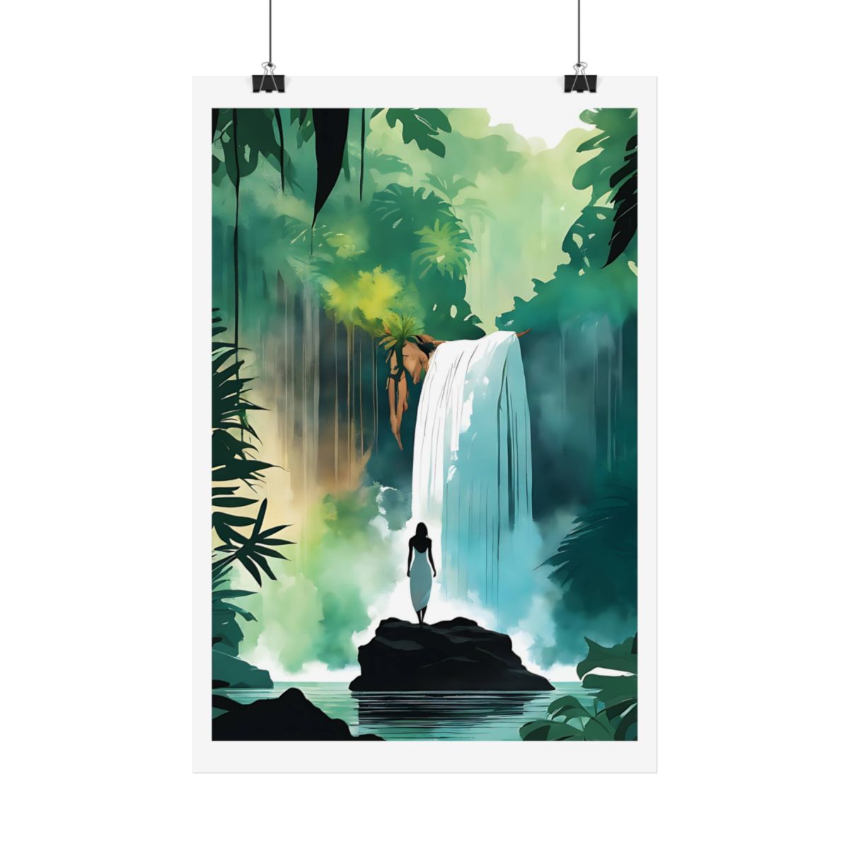 Waterfall Wonder jungle waterfall poster – hanging example watercolor wall art print