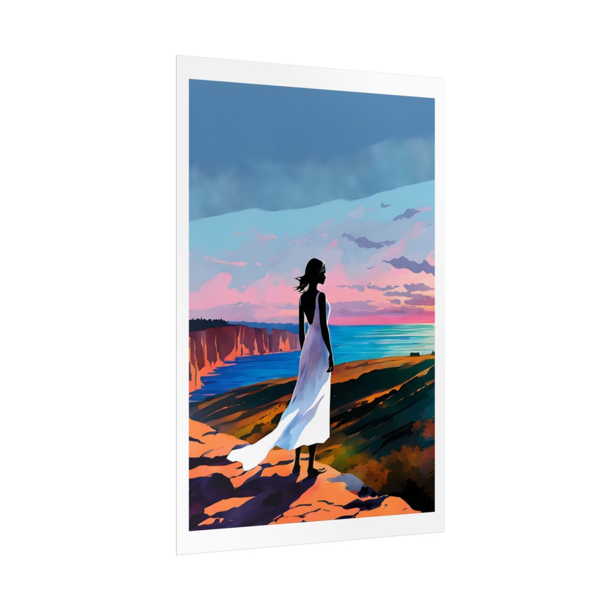 Where the Sun Meets the Sea coastal cliffs poster – side angle example watercolor wall art print