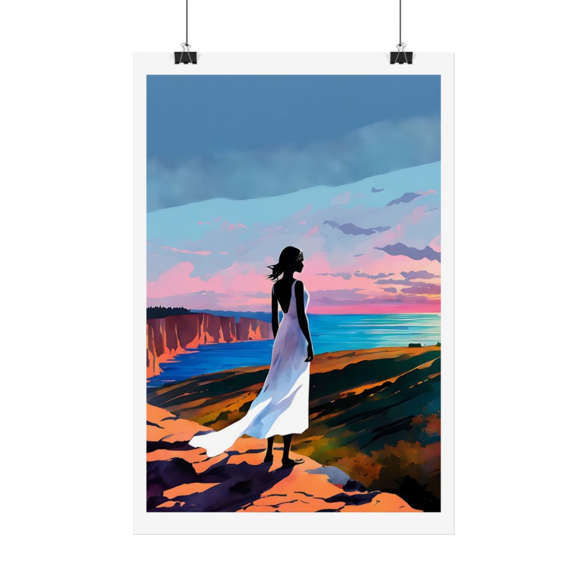Where the Sun Meets the Sea coastal cliffs poster – hanging example watercolor wall art print
