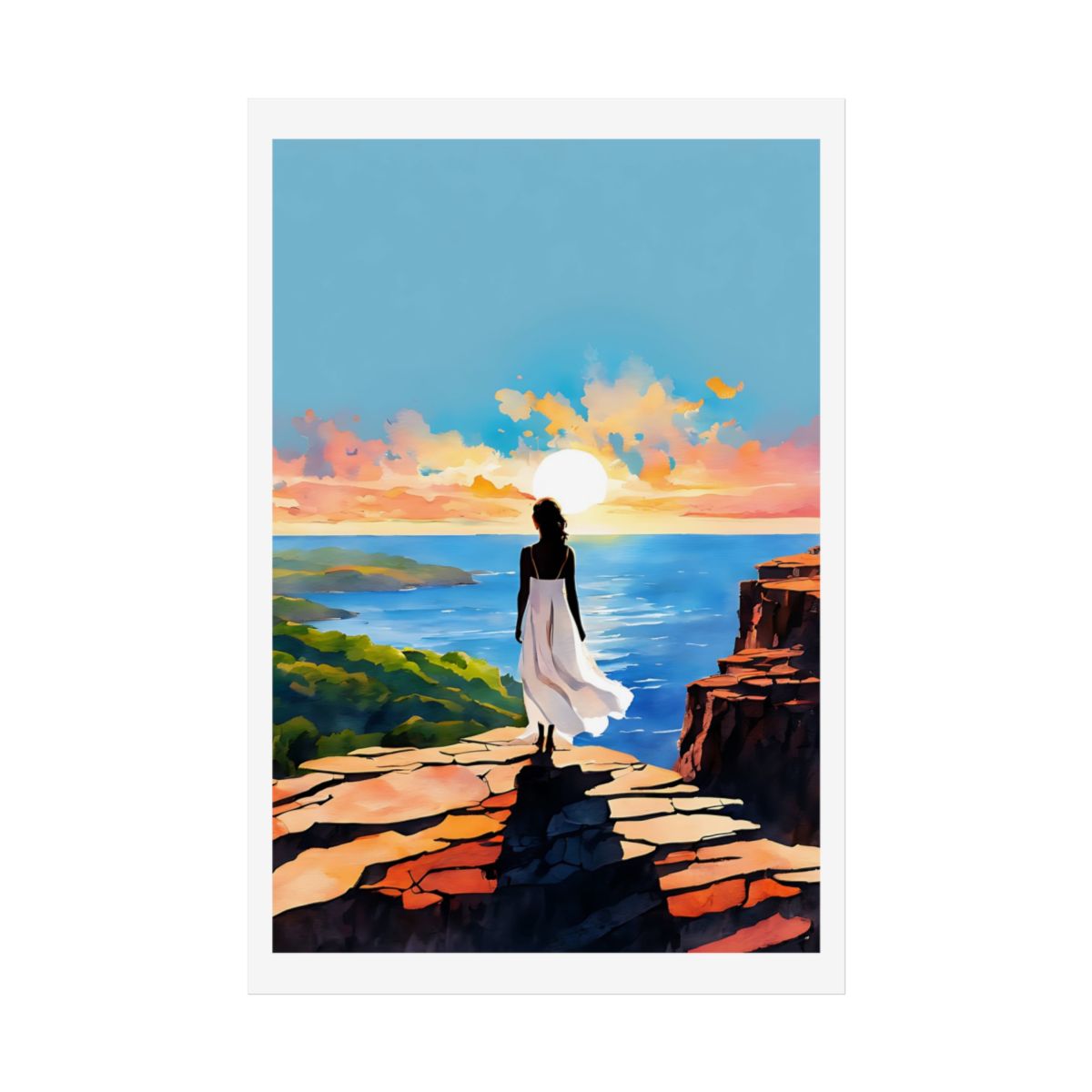 Where the World Opens coastal sunset poster – front view watercolor wall art print