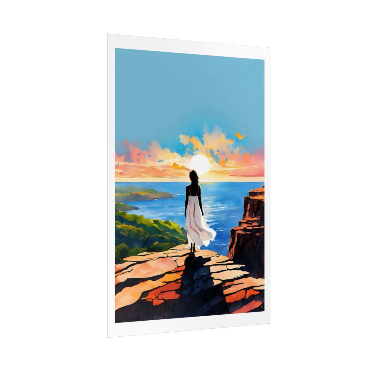 Where the World Opens coastal sunset poster – side angle example watercolor wall art print