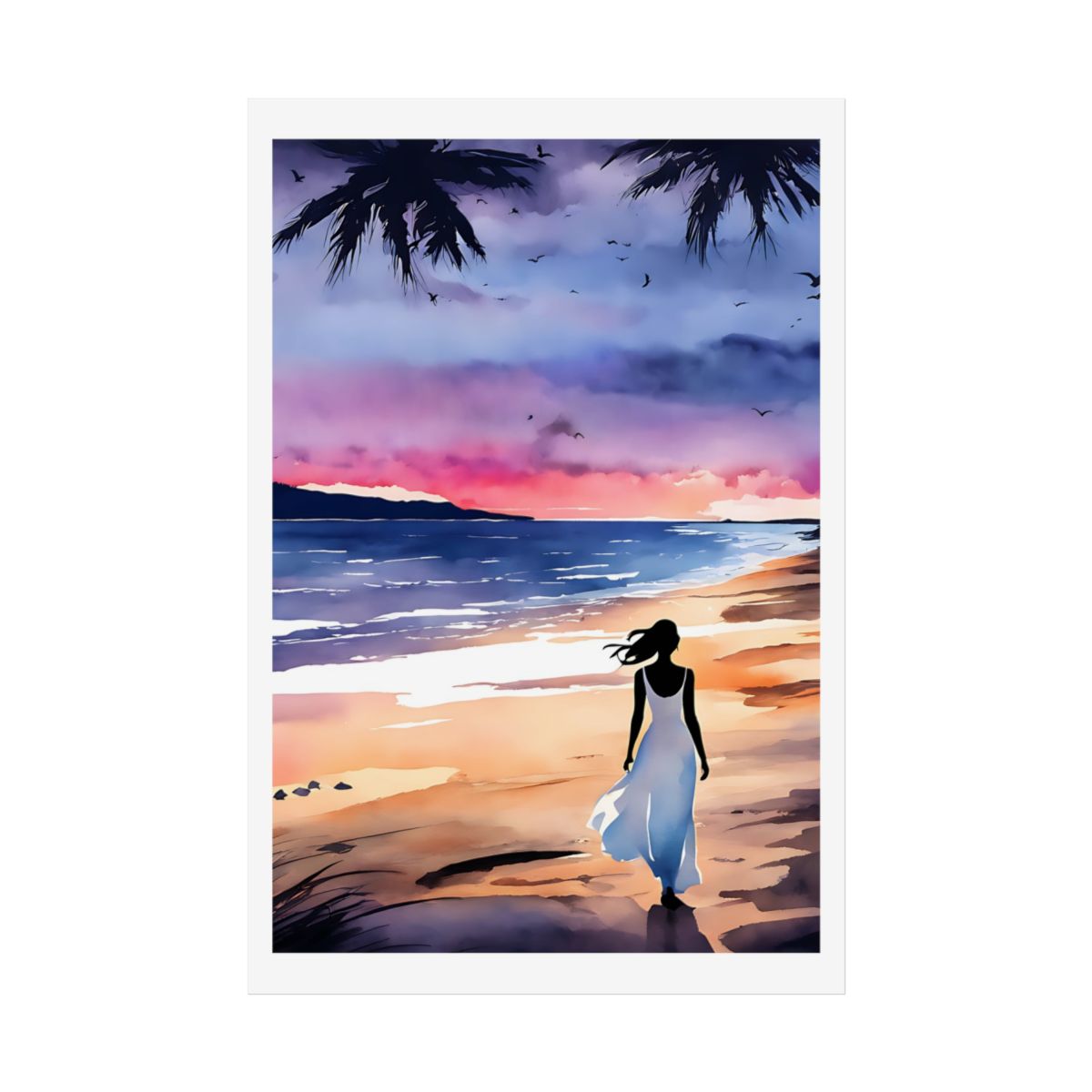 Whispers of the Horizon beach sunset poster – front view watercolor wall art print