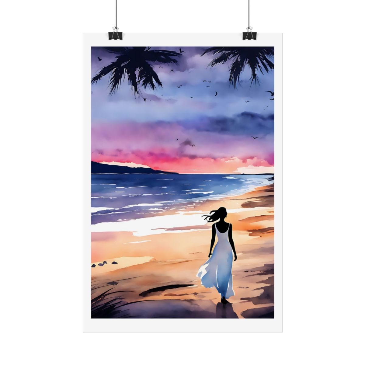 Whispers of the Horizon beach sunset poster – hanging example watercolor wall art print