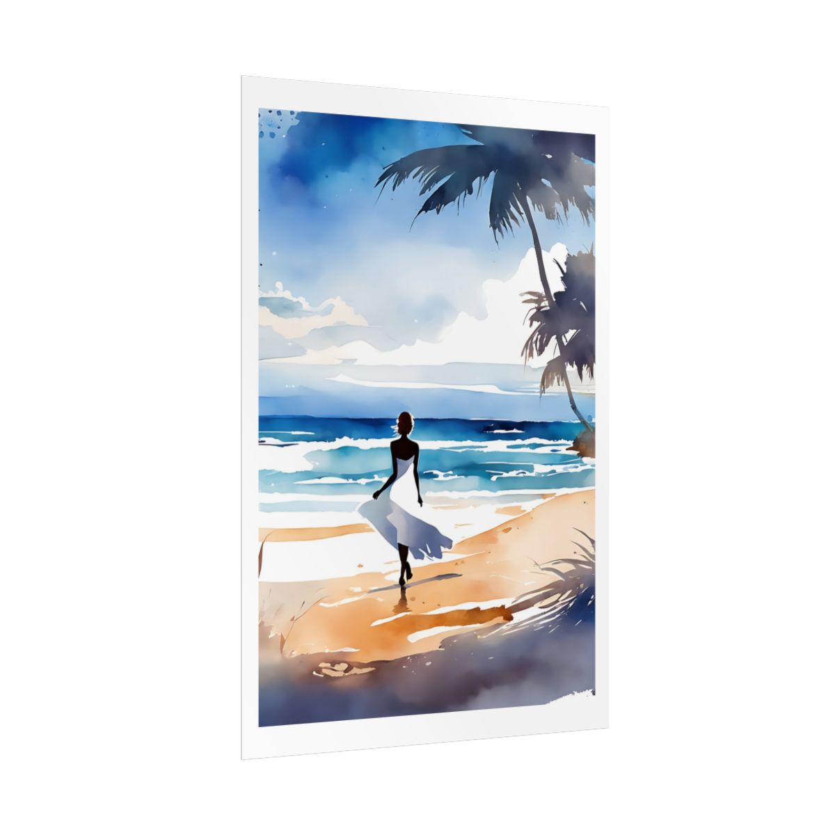 White Dress Reverie seaside poster – side angle example watercolor wall art print