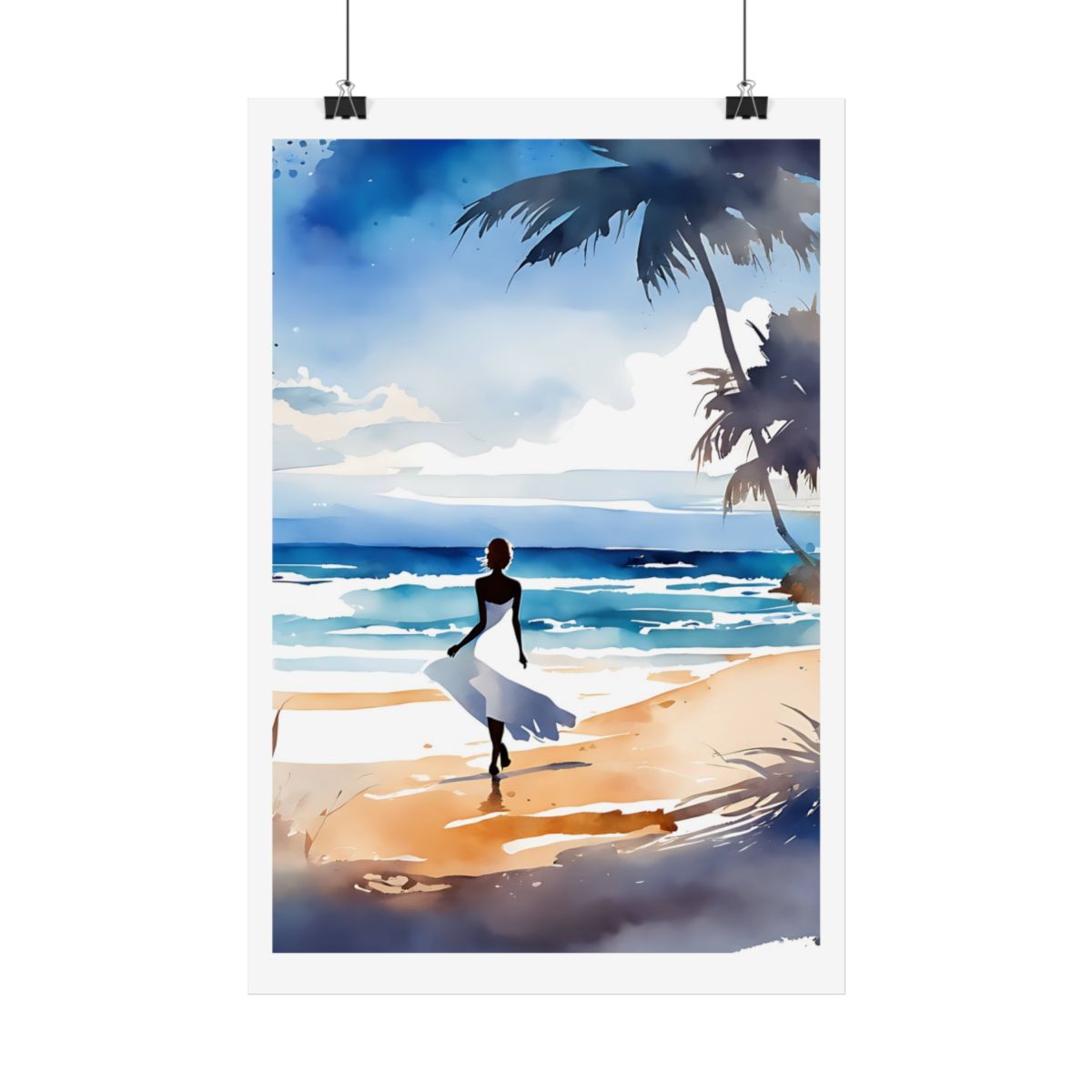 White Dress Reverie seaside poster – hanging example watercolor wall art print