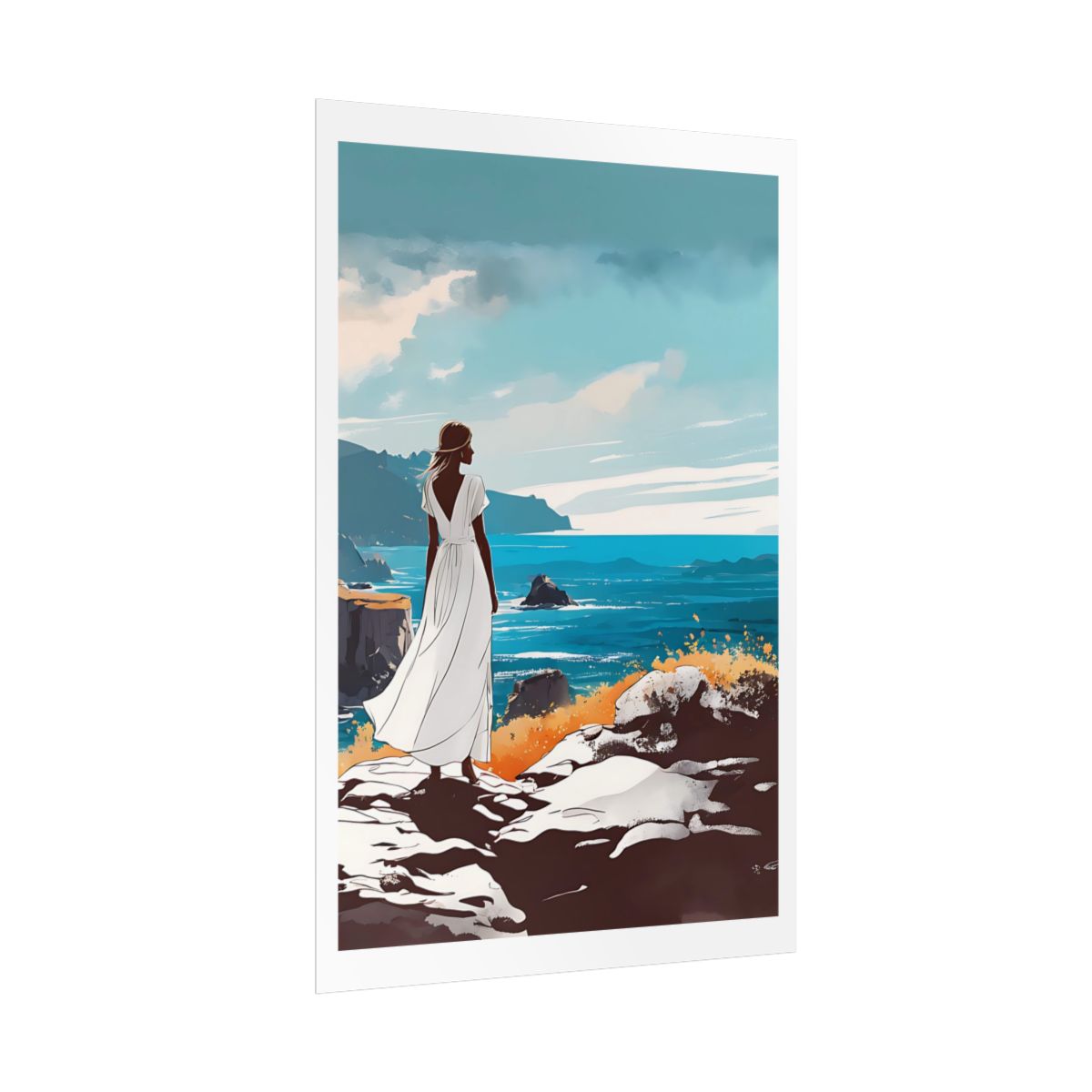 Wild Coast Wanderer rugged cliffs poster – side angle example watercolor wall art print